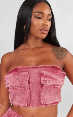Shape Washed Red Denim Pocket Detail Bandeau Crop Top