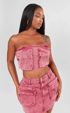 Shape Washed Red Denim Pocket Mini Skirt