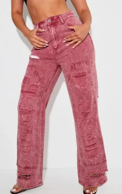 Shape Washed Red Distressed Detail Wide Leg Jeans