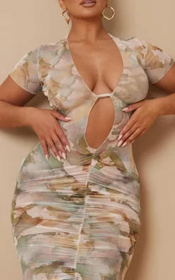 Shape Watercolour Print Sheer Mesh Plunge Ruched Midaxi Dress