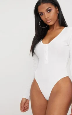 Shape White Button Detail Long Sleeve Ribbed Bodysuit