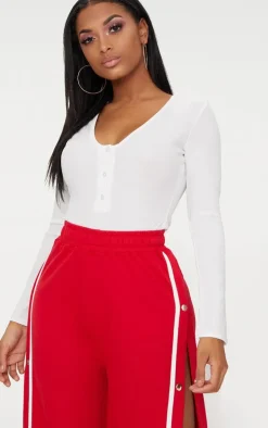 Shape White Button Detail Long Sleeve Ribbed Bodysuit