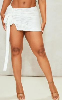Shape White Crinkle Ruched Tie Detail Mini Skirt