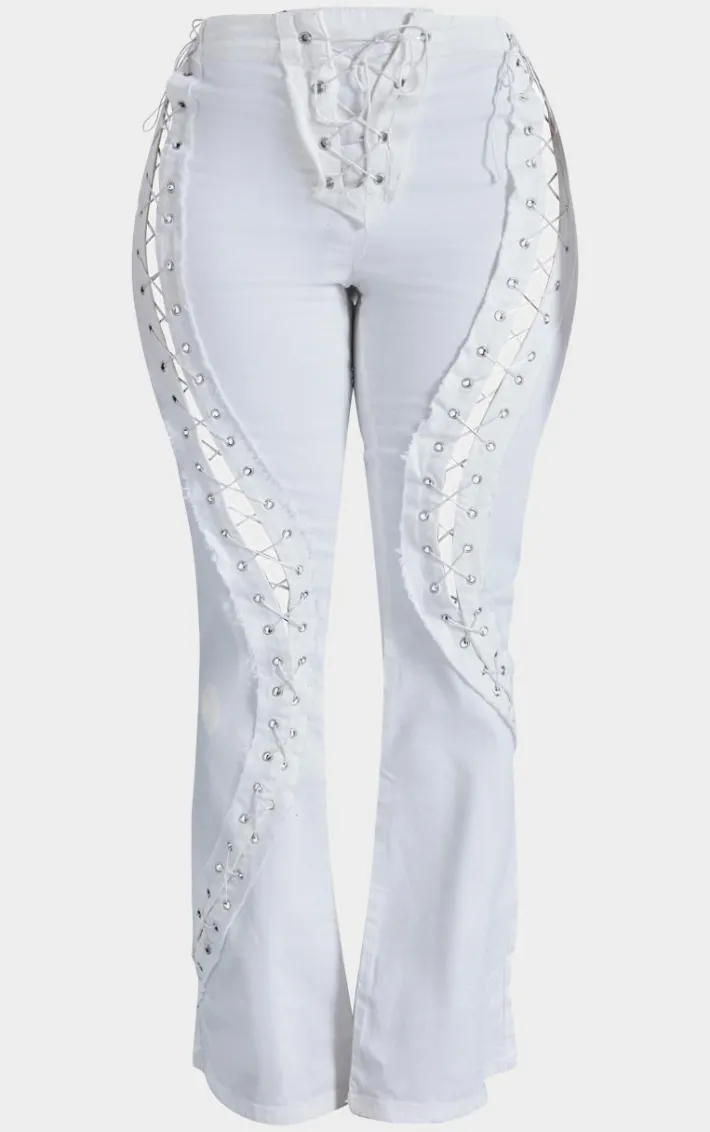 Shape White Denim Lace Up Detail Flare Jeans
