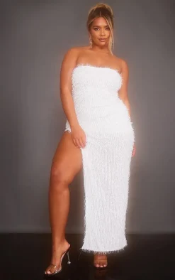 Shape White Faux Feather Glitter Bandeau Split Side Maxi Dress
