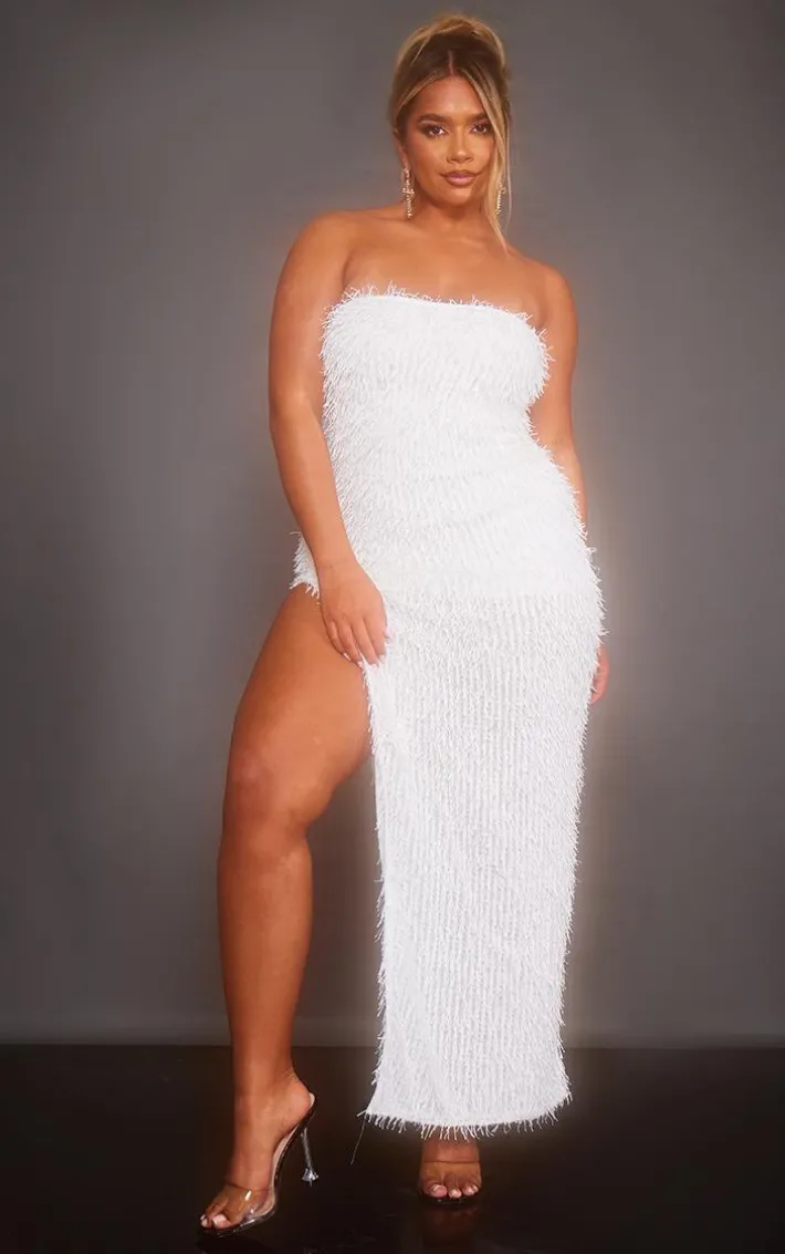 Shape White Faux Feather Glitter Bandeau Split Side Maxi Dress