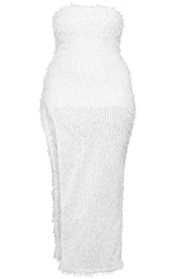 Shape White Faux Feather Glitter Bandeau Split Side Maxi Dress