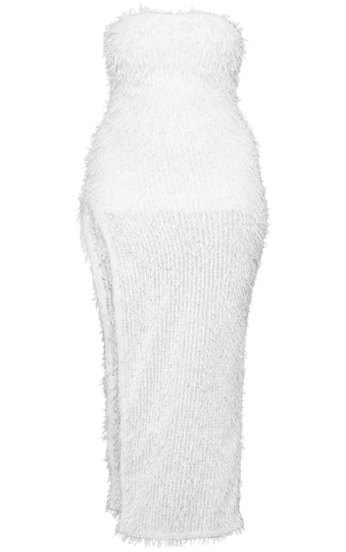 Shape White Faux Feather Glitter Bandeau Split Side Maxi Dress