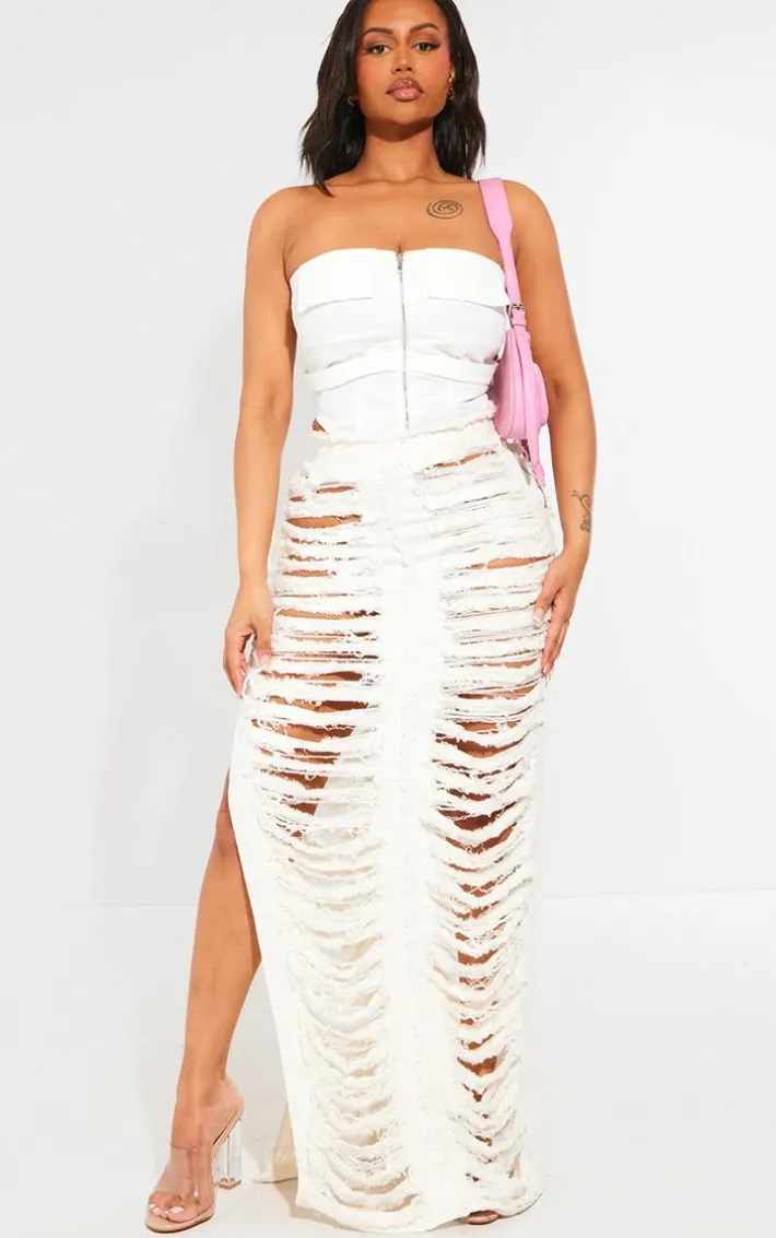 Shape White Frayed Denim Maxi Skirt