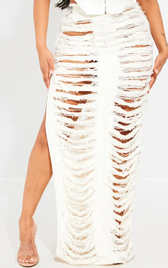 Shape White Frayed Denim Maxi Skirt