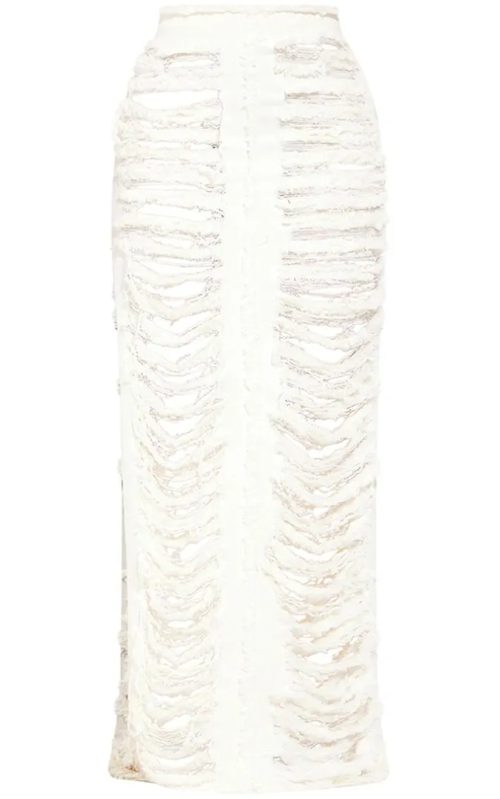Shape White Frayed Denim Maxi Skirt