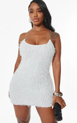 Shape White Glitter Textured Diamante Strap Bodycon Dress