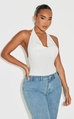 Shape White Halter Cowl Neck Open Back Bodysuit