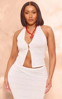 Shape White Knit Hook And Eye Halterneck Plunge Top