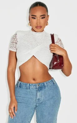 Shape White Lace Textured Shoulder Pad Cropped Top