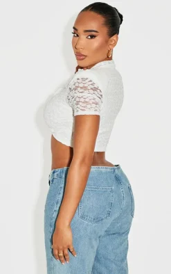 Shape White Lace Textured Shoulder Pad Cropped Top