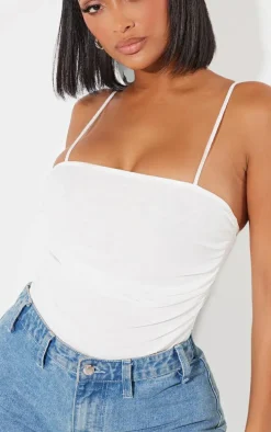 Shape White Mesh Ruched Detail Thong Bodysuit