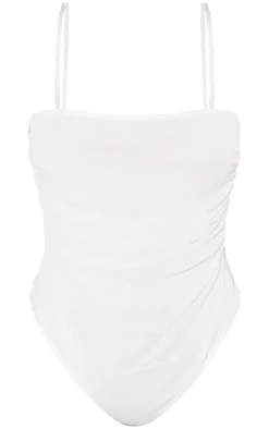 Shape White Mesh Ruched Detail Thong Bodysuit