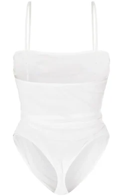 Shape White Mesh Ruched Detail Thong Bodysuit
