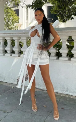 Shape White Mesh Wrap Neck Tie Detail Bodycon Dress
