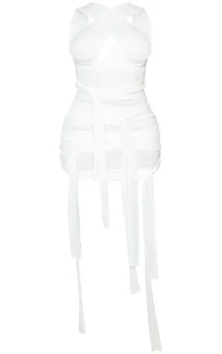 Shape White Mesh Wrap Neck Tie Detail Bodycon Dress