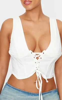 Shape White Plunge Front Lace Up Corset Top