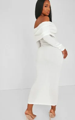 Shape White Rib Bardot Long Sleeve Maxi Dress