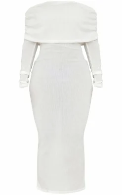 Shape White Rib Bardot Long Sleeve Maxi Dress