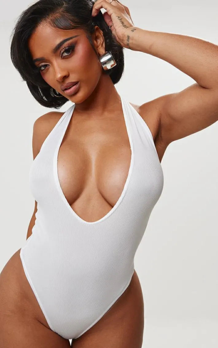 Shape White Ribbed Halterneck Plunge Bodysuit