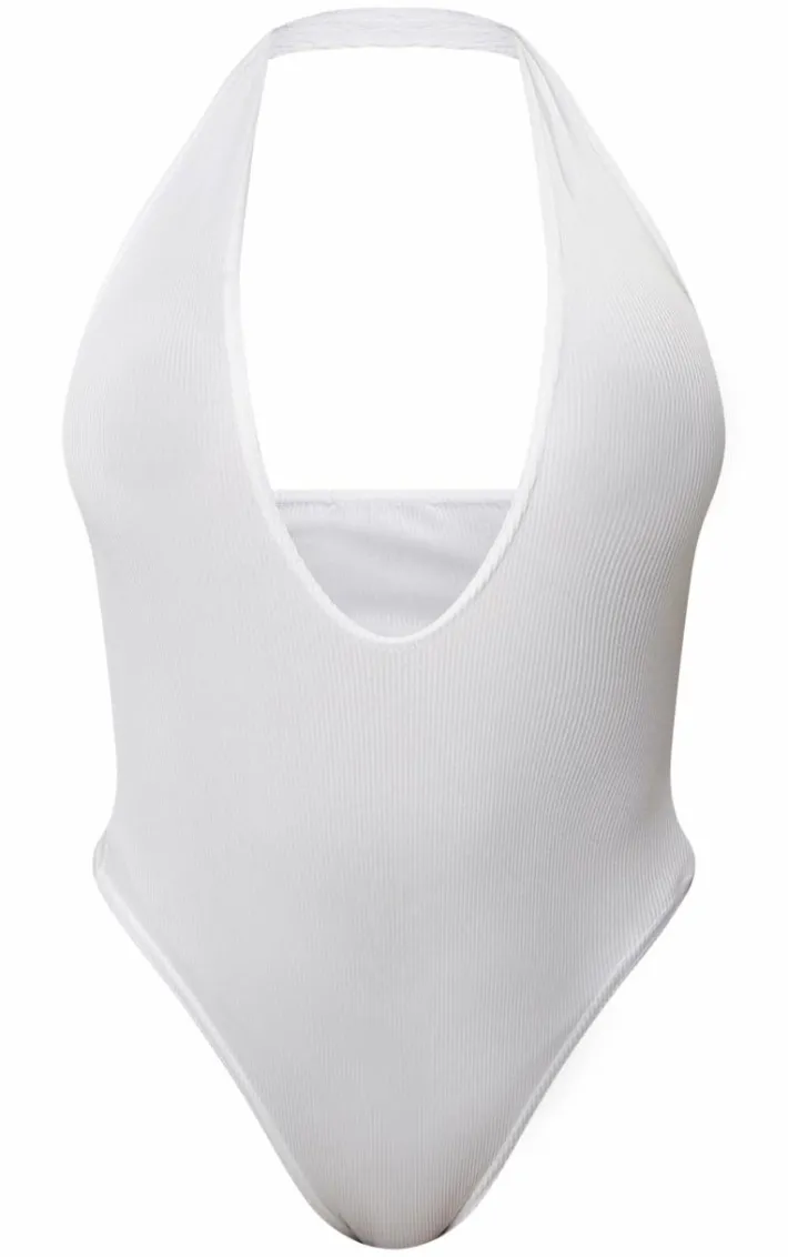Shape White Ribbed Halterneck Plunge Bodysuit