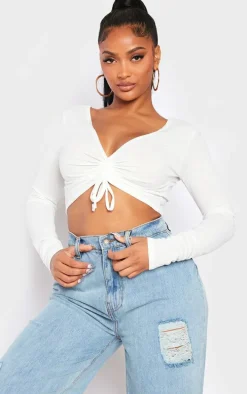 Shape White Ribbed Long Sleeve Ruched Front Crop Top