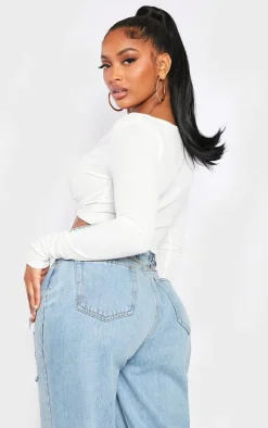 Shape White Ribbed Long Sleeve Ruched Front Crop Top