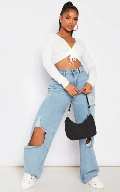 Shape White Ribbed Long Sleeve Ruched Front Crop Top