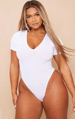 Shape White Ribbed Plunge Short Sleeve Bodysuit