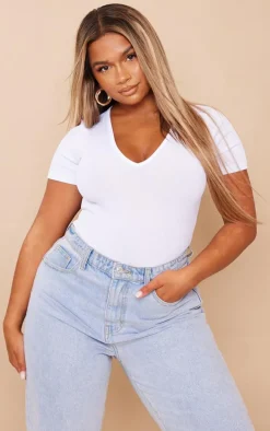 Shape White Ribbed Plunge Short Sleeve Bodysuit