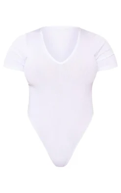 Shape White Ribbed Plunge Short Sleeve Bodysuit
