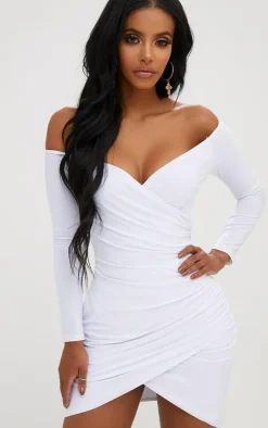 Shape White Ruched Bardot Bodycon Dress