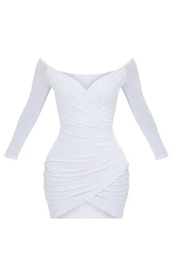 Shape White Ruched Bardot Bodycon Dress