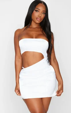 Shape White Satin Cut Out Bandeau Bodycon Dress