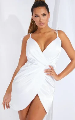 Shape White Satin Tie Shoulder Wrap Bodycon Dress