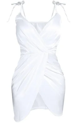 Shape White Satin Tie Shoulder Wrap Bodycon Dress