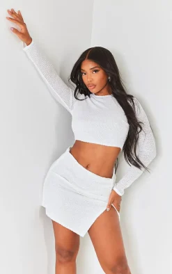 Shape White Sequin Long Sleeve Cropped Top