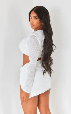 Shape White Sequin Long Sleeve Cropped Top