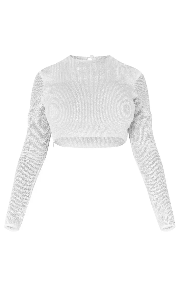 Shape White Sequin Long Sleeve Cropped Top