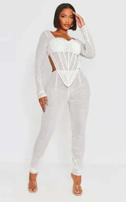 Shape White Sequin Mesh Corset Detail Jumpsuit