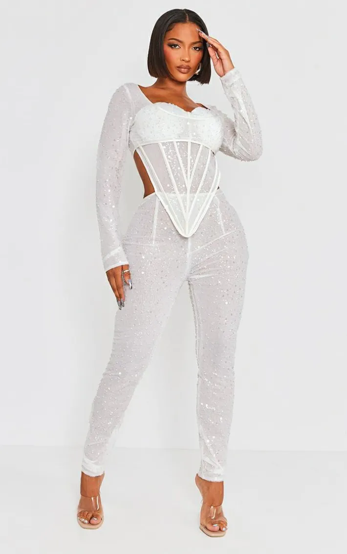 Shape White Sequin Mesh Corset Detail Jumpsuit
