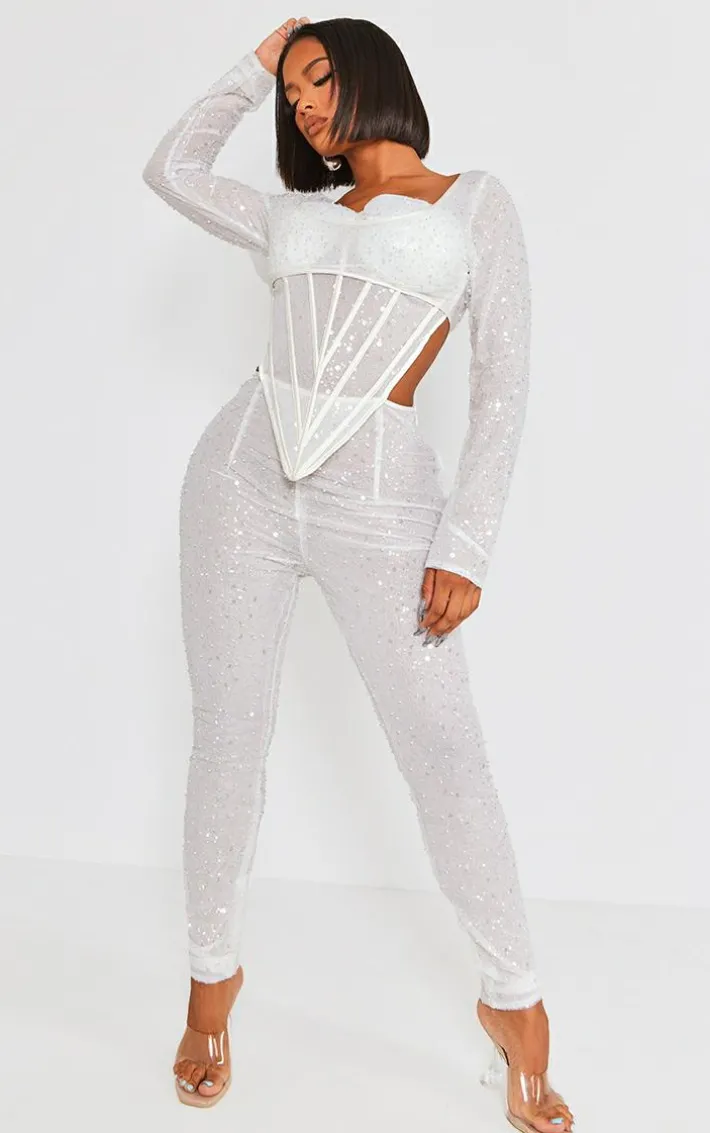 Shape White Sequin Mesh Corset Detail Jumpsuit