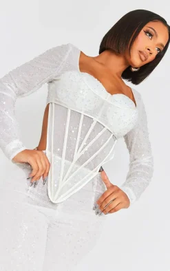 Shape White Sequin Mesh Corset Detail Jumpsuit