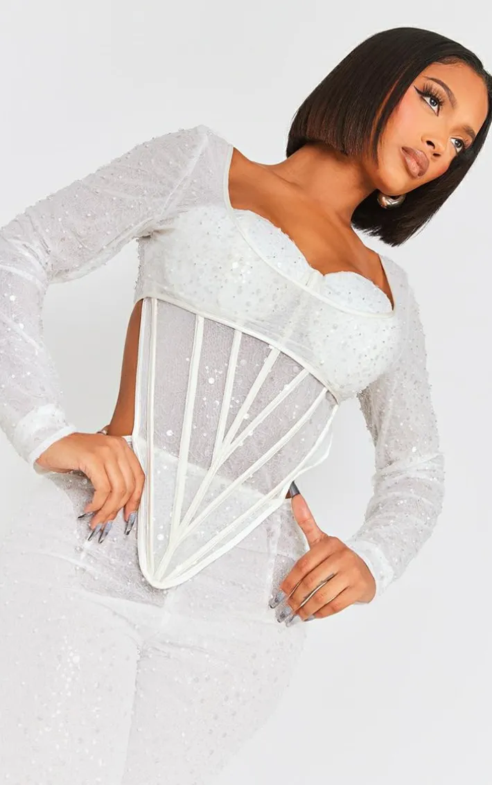 Shape White Sequin Mesh Corset Detail Jumpsuit