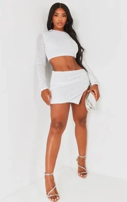 Shape White Sequin Ruched Side Low Rise Micro Mini Skirt